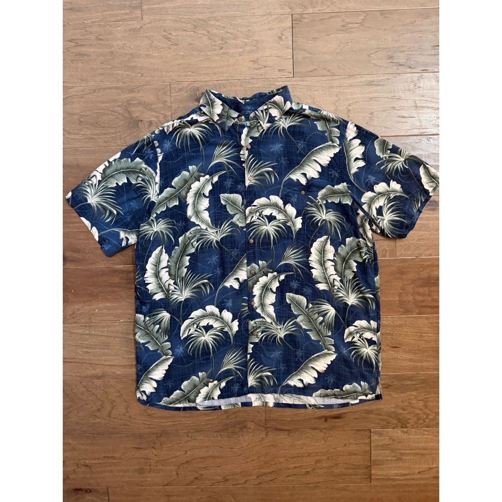Campia Mens 2XLT Hawaiian Shirt Navy Blue Tropical Palm Leaf Rayon Button Down